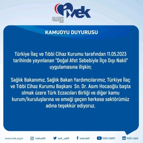 "Doğal Afet Sebebiyle İlçe Dışı Nakil" Uygulamasına İlişkin Duyuru